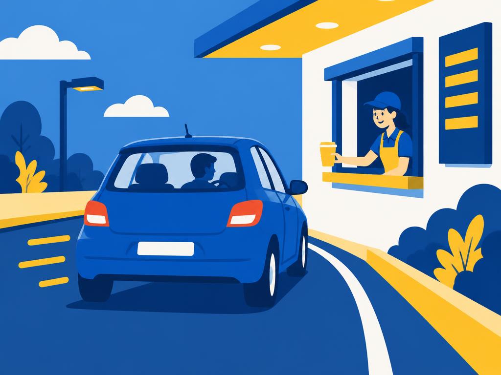 A car driving forward towards a drive-thru window