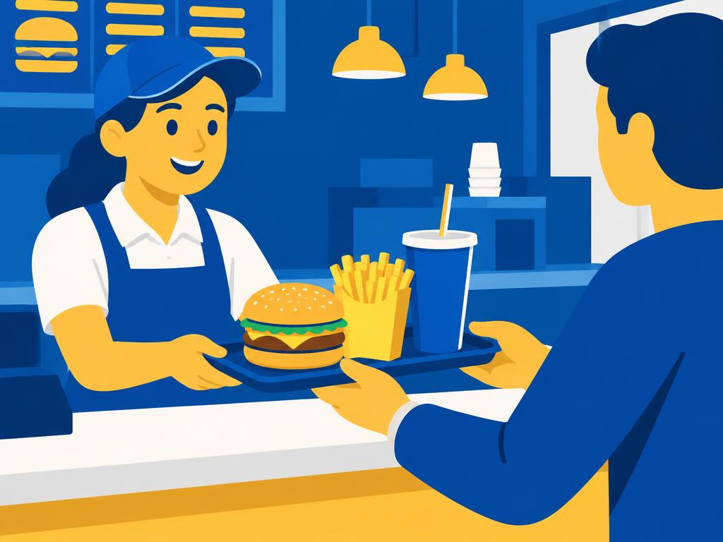 A cashier handing a tray of food across the counter