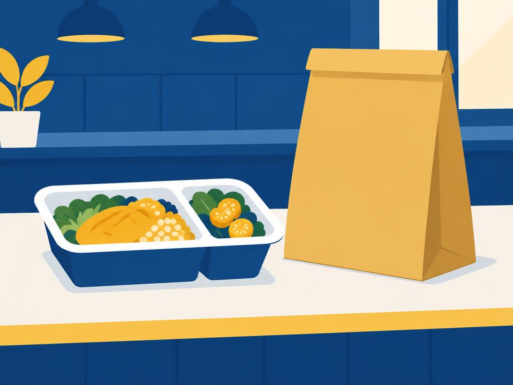 A food tray and a paper takeaway bag side by side