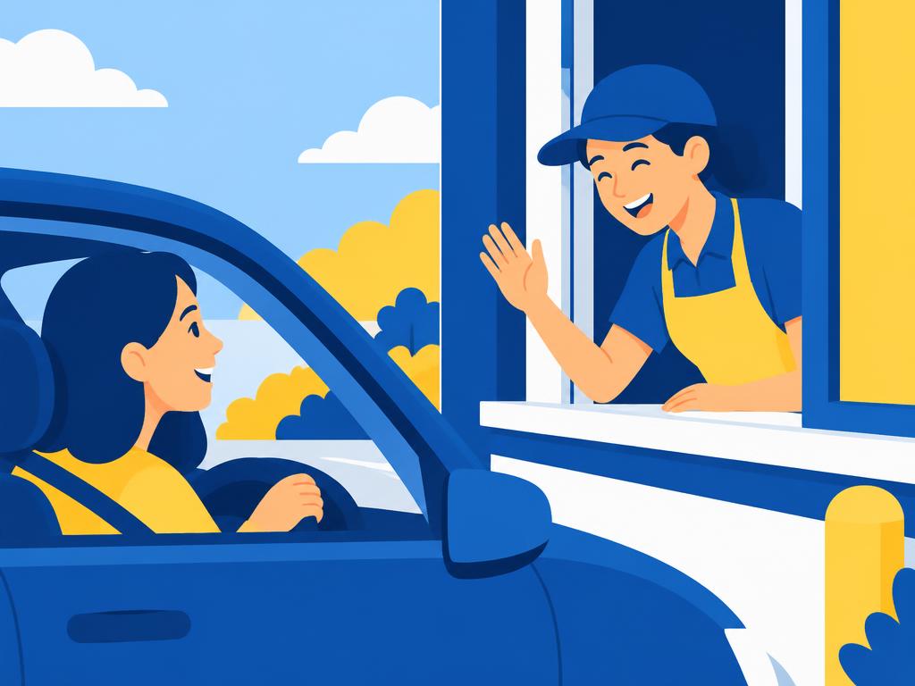 A staff member waving to a driver from a drive-thru window