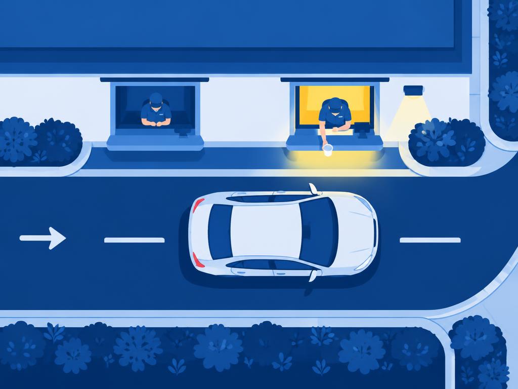 A drive-thru lane with two service windows and a car